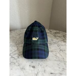 Vineyard Vines Men's Slideback Hat Blue Green Plaid Poly Blend Embroidered Logo